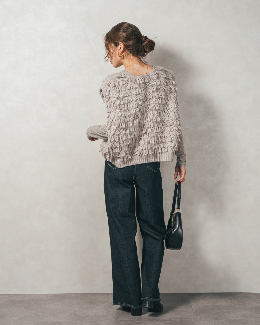 ［SET］ループ編みフリンジニットベスト+Sheerリブヘンリーネックトップス+センターシーム リラックスカラーデニム（3SET）