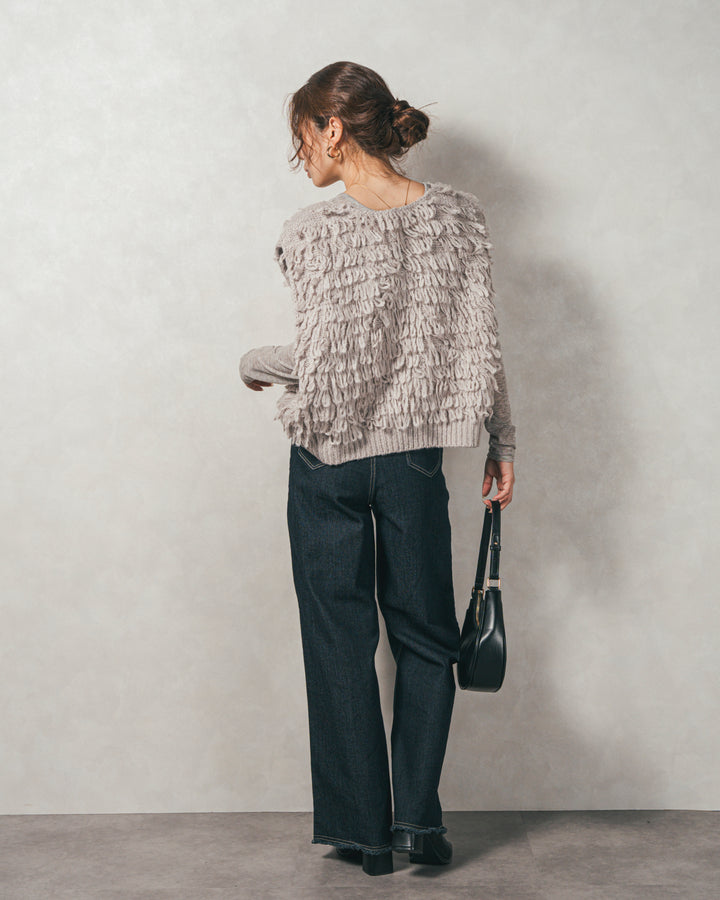 ［SET］ループ編みフリンジニットベスト+Sheerリブヘンリーネックトップス+センターシーム リラックスカラーデニム（3SET）