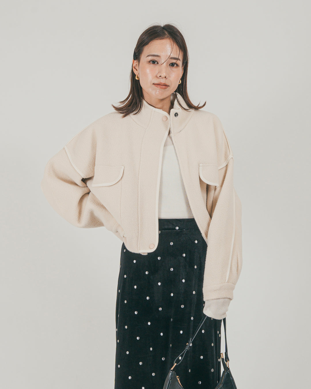 ［SET］Softショートニットブルゾン + Dot ベロアスカート（2SET）