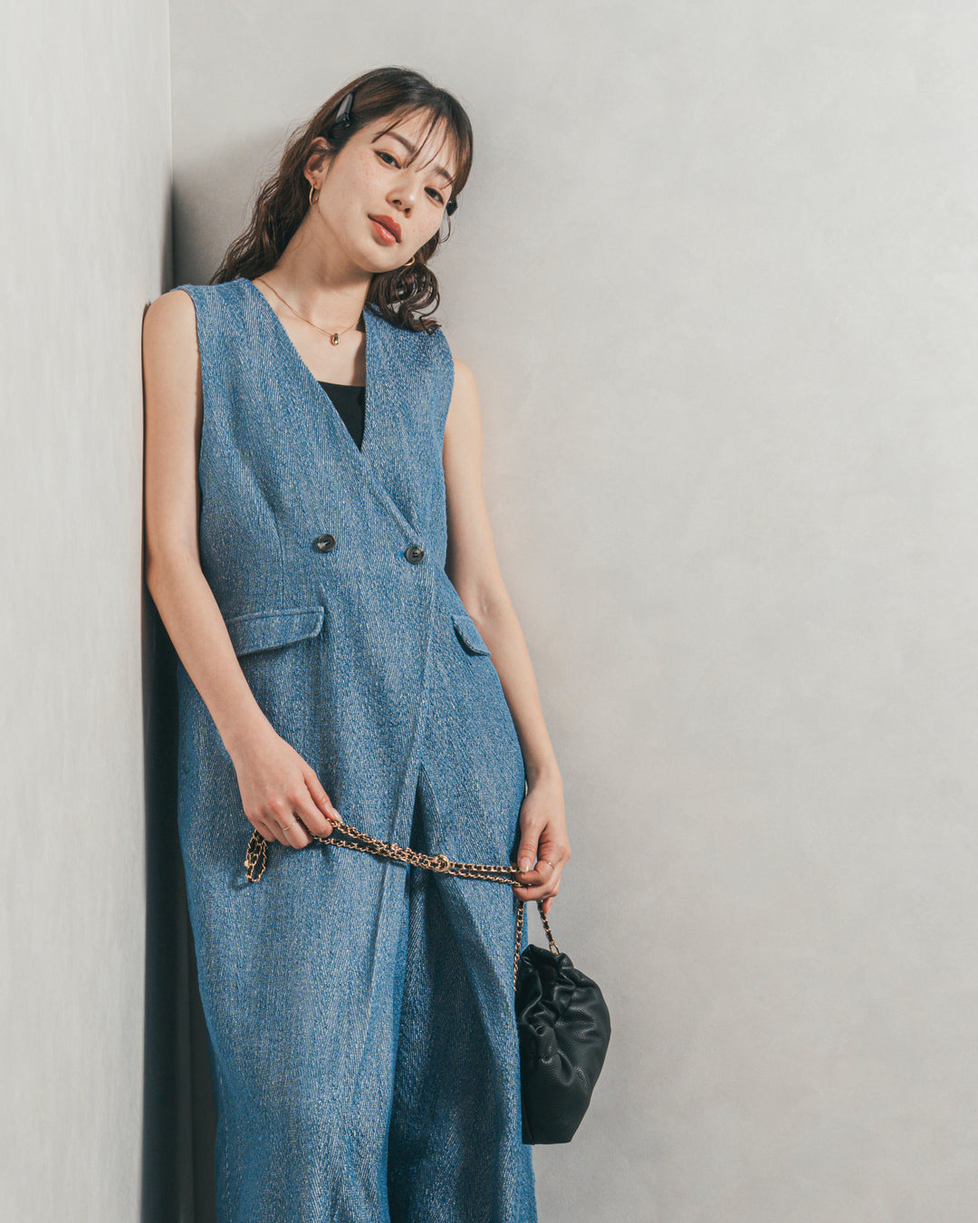 デニムライク へリンボーンサロペット