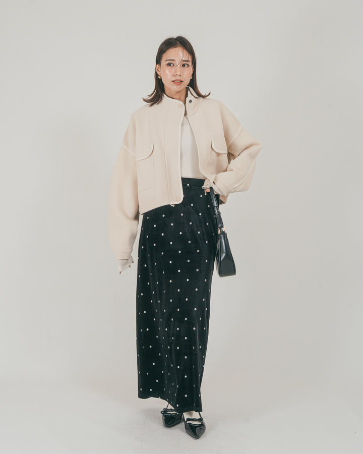 ［SET］Softショートニットブルゾン + Dot ベロアスカート（2SET）