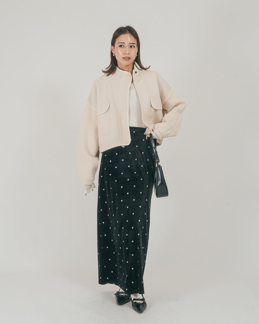 ［SET］Softショートニットブルゾン + Dot ベロアスカート（2SET）