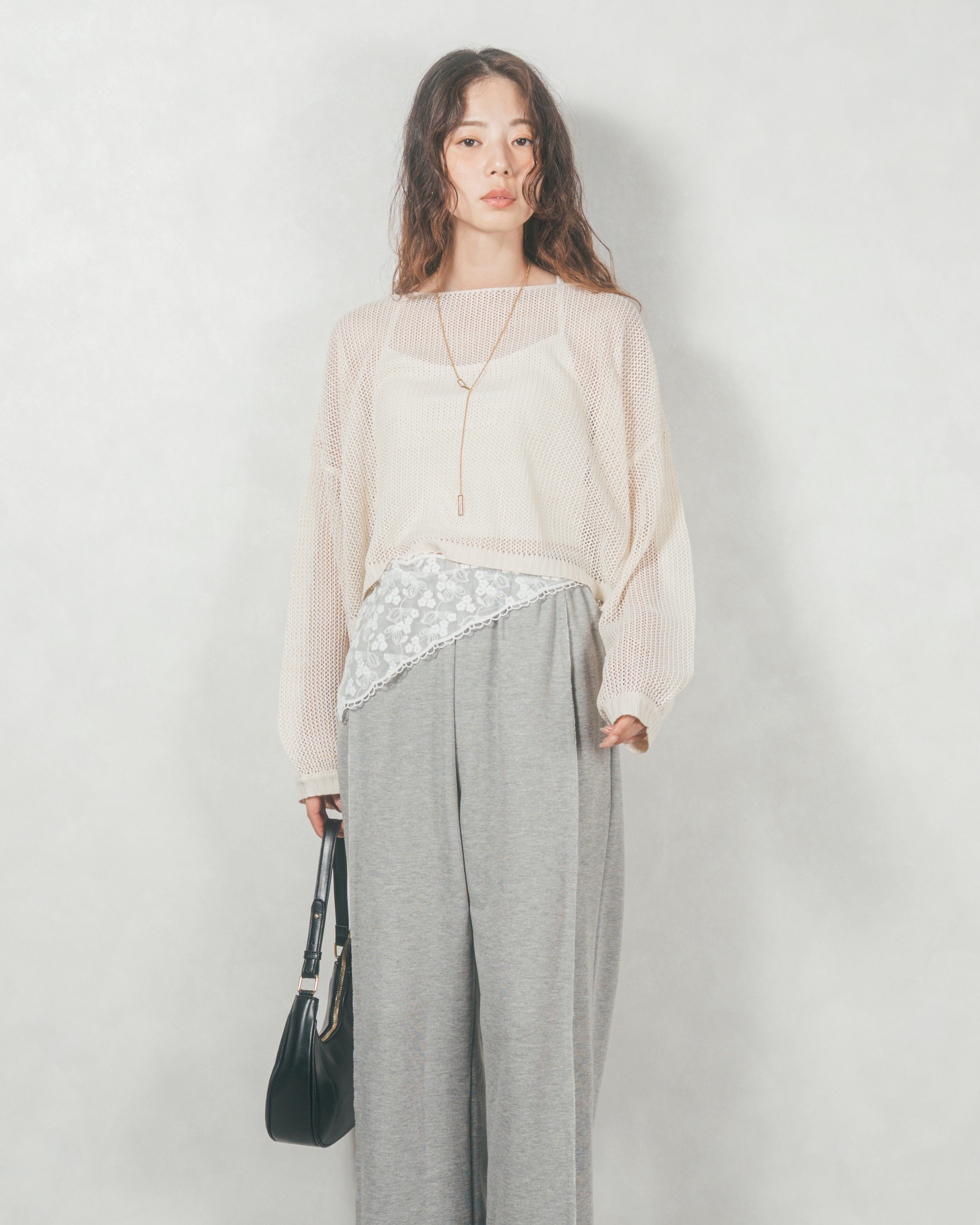 SET］クロップドメッシュニット+2-Way ウェーブデザイン