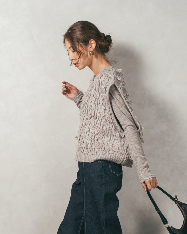 ［SET］ループ編みフリンジニットベスト+Sheerリブヘンリーネックトップス+センターシーム リラックスカラーデニム（3SET）