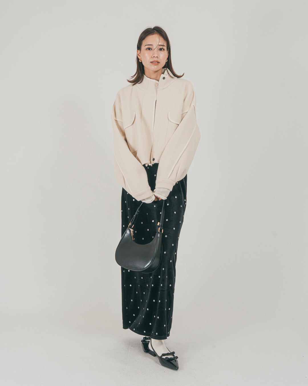 ［SET］Softショートニットブルゾン + Dot ベロアスカート（2SET）