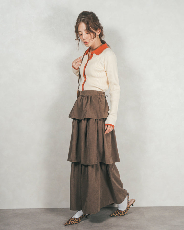 ［SET］バイカラー襟付きニットトップス+Flareティアードロングスカート（2SET）