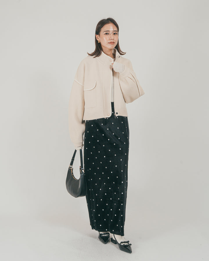 ［SET］Softショートニットブルゾン + Dot ベロアスカート（2SET）