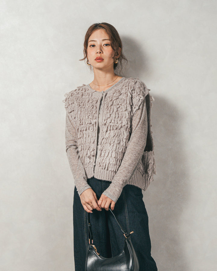 ［SET］ループ編みフリンジニットベスト+Sheerリブヘンリーネックトップス+センターシーム リラックスカラーデニム（3SET）