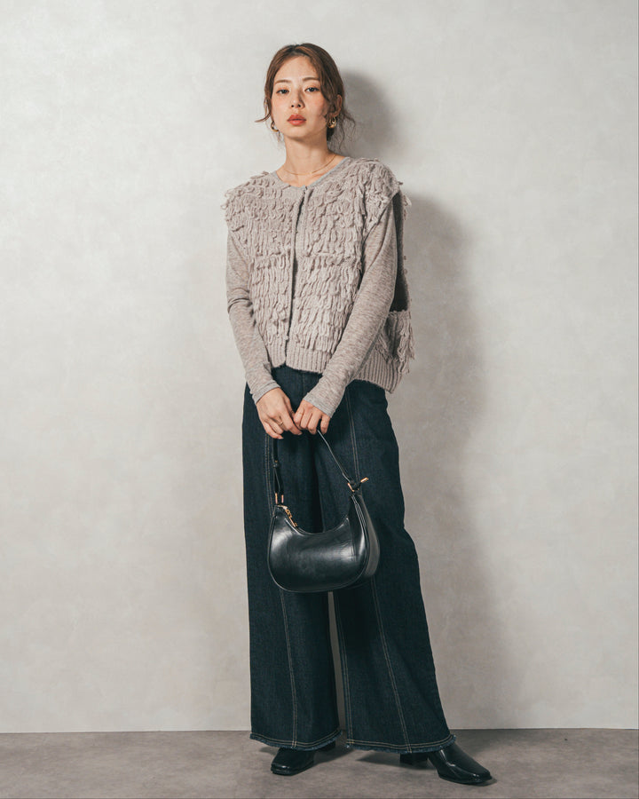 ［SET］ループ編みフリンジニットベスト+Sheerリブヘンリーネックトップス+センターシーム リラックスカラーデニム（3SET）