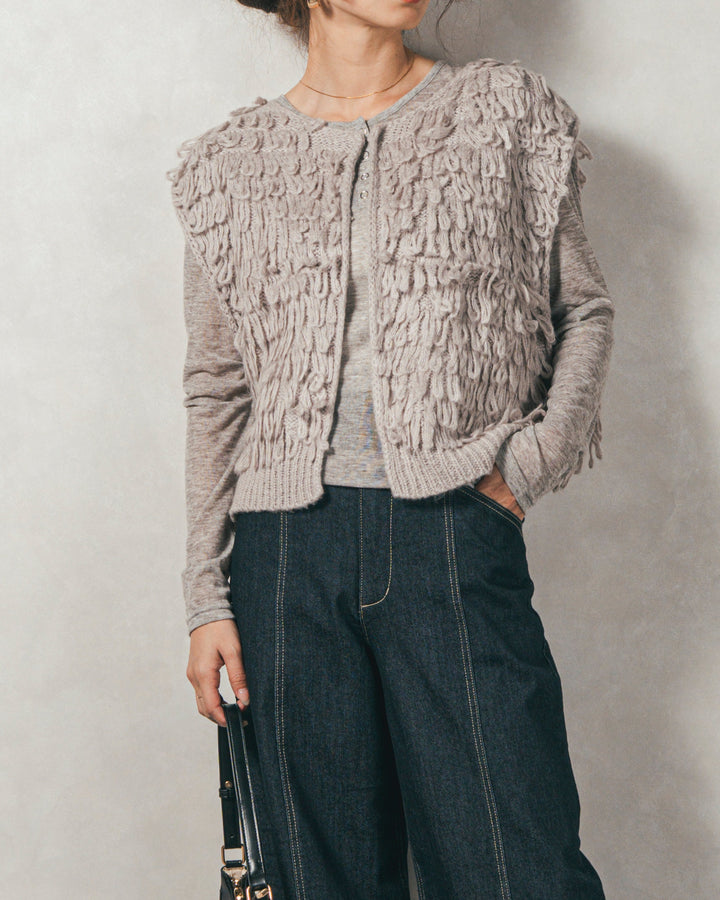 ［SET］ループ編みフリンジニットベスト+Sheerリブヘンリーネックトップス+センターシーム リラックスカラーデニム（3SET）