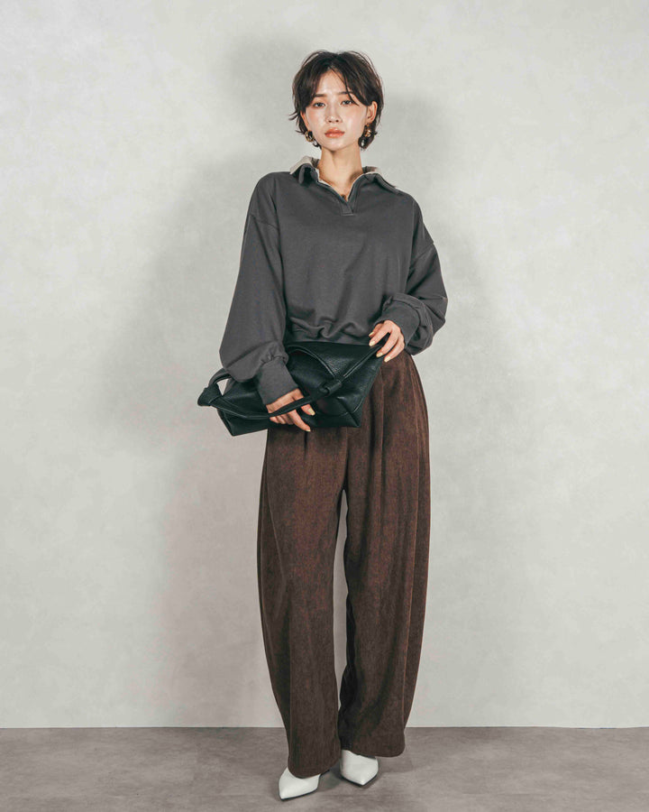 ［SET］シャツ Layered クロップドスウェット+サイドタックコクーンコーデュロイパンツ（2SET）