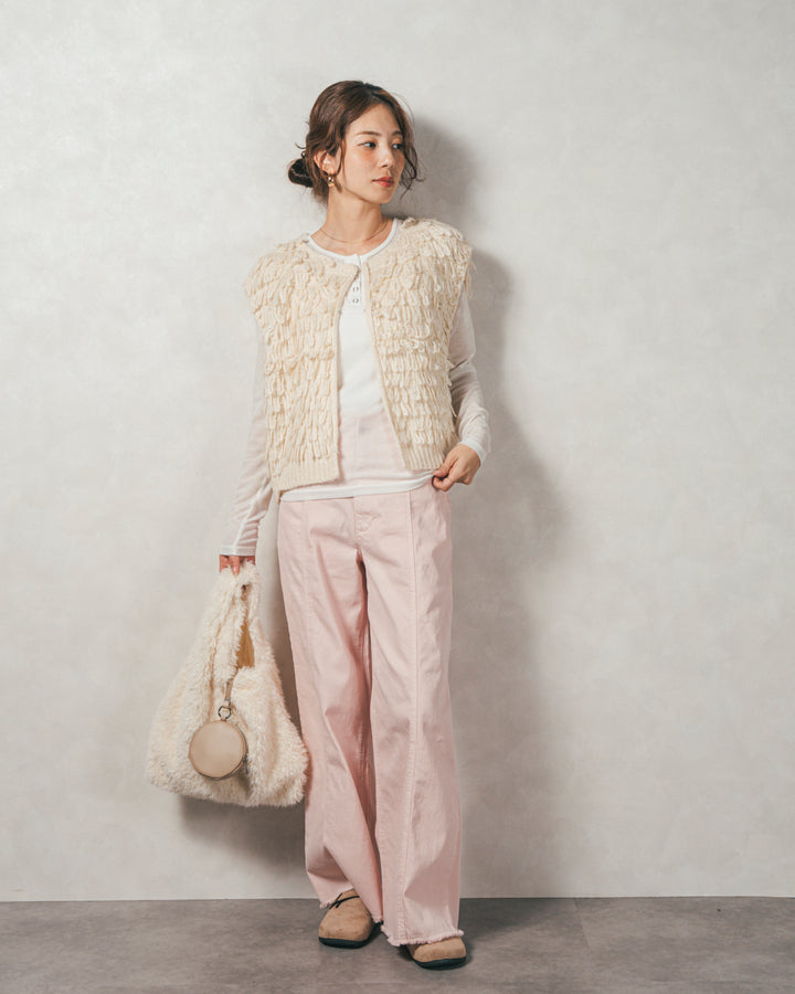 ［SET］ループ編みフリンジニットベスト+Sheerリブヘンリーネックトップス+センターシーム リラックスカラーデニム（3SET）