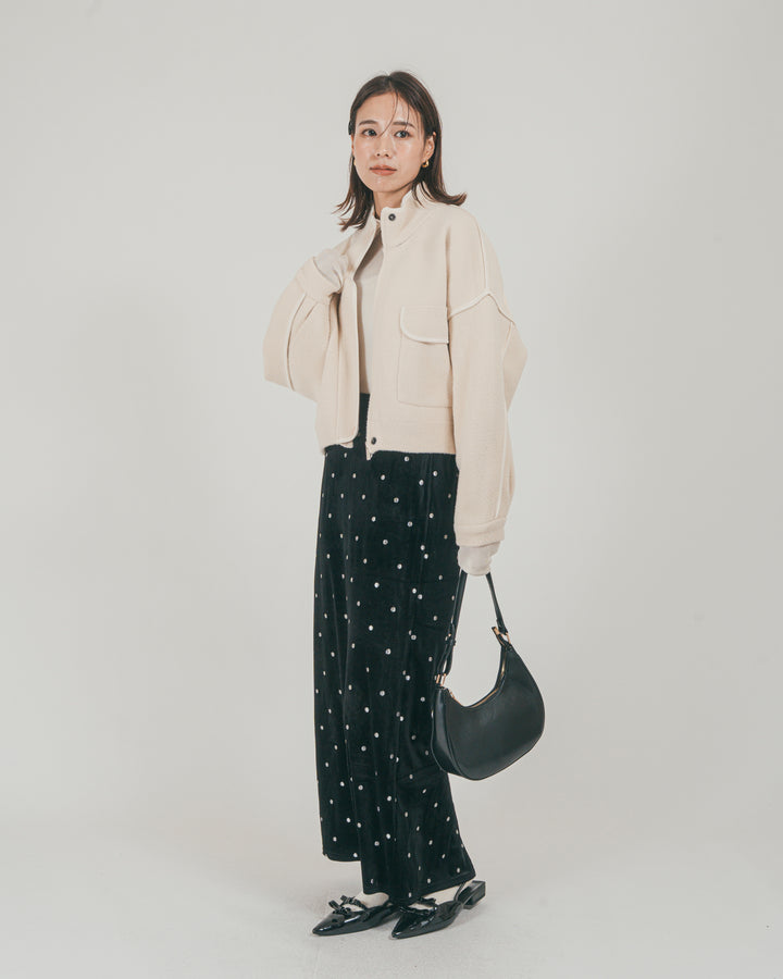 ［SET］Softショートニットブルゾン + Dot ベロアスカート（2SET）