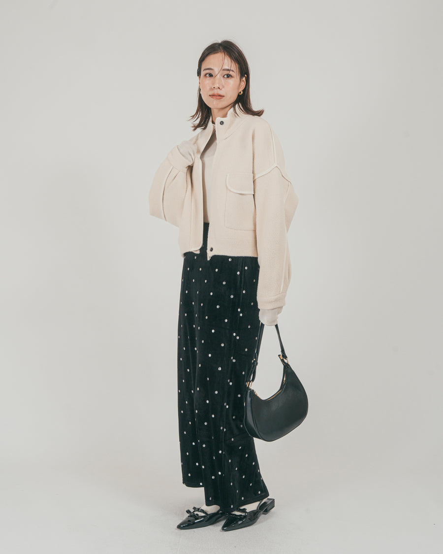 ［SET］Softショートニットブルゾン + Dot ベロアスカート（2SET）