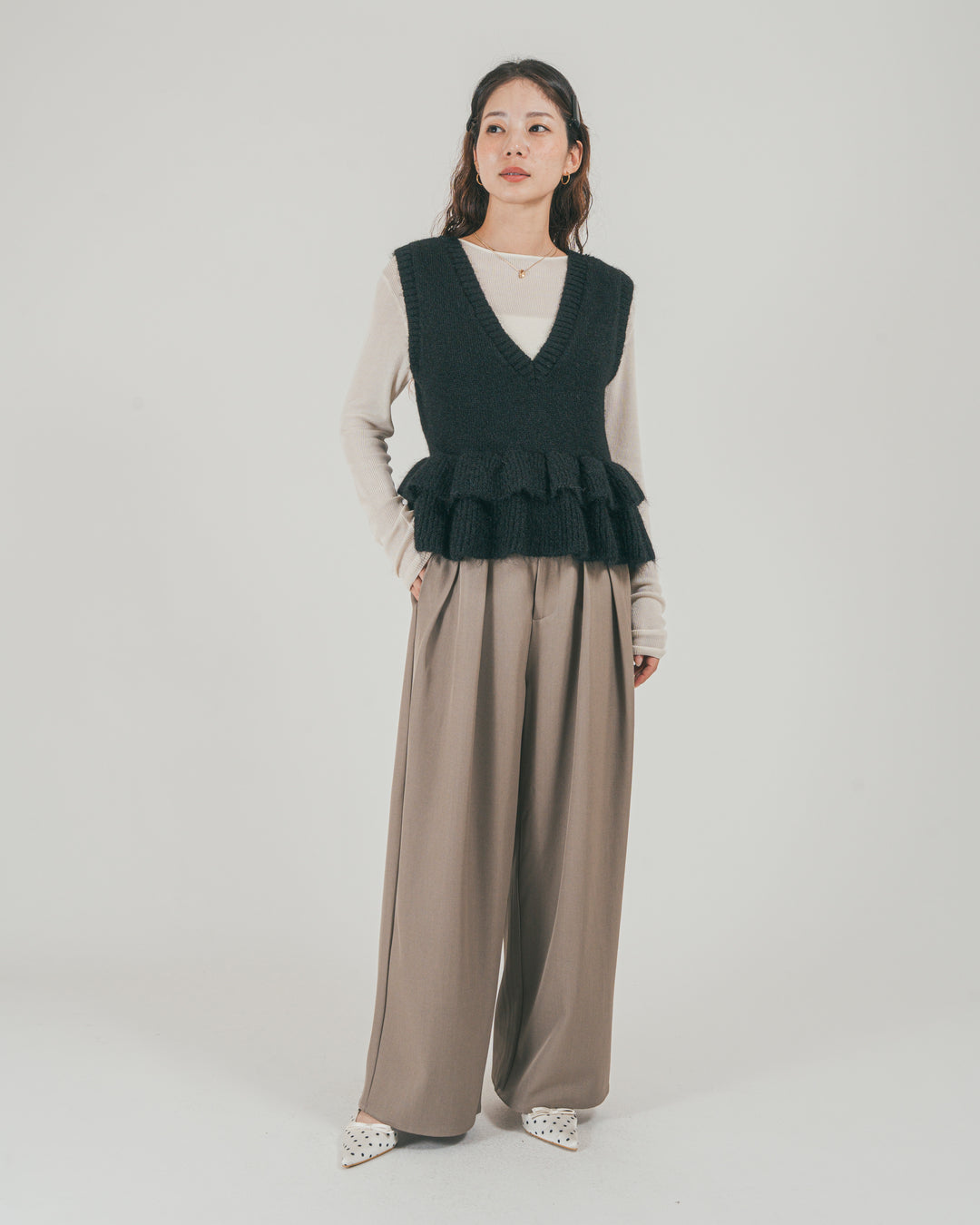 ［SET］2Way モヘアダブルFrillベスト + ダブルタック ハイウエストワイドパンツ（2SET）