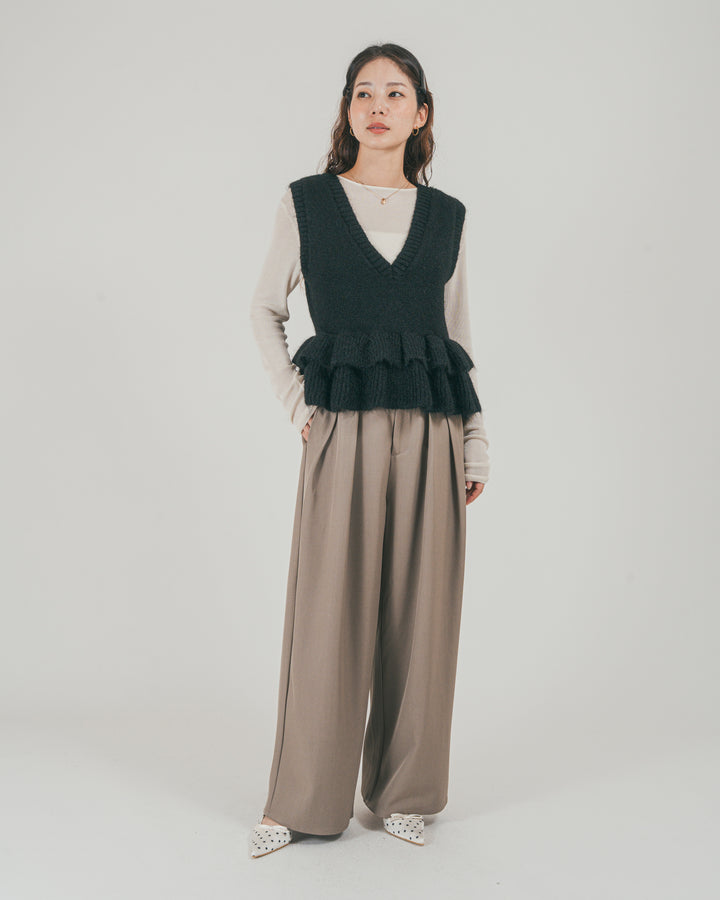 ［SET］2Way モヘアダブルFrillベスト + ダブルタック ハイウエストワイドパンツ（2SET）