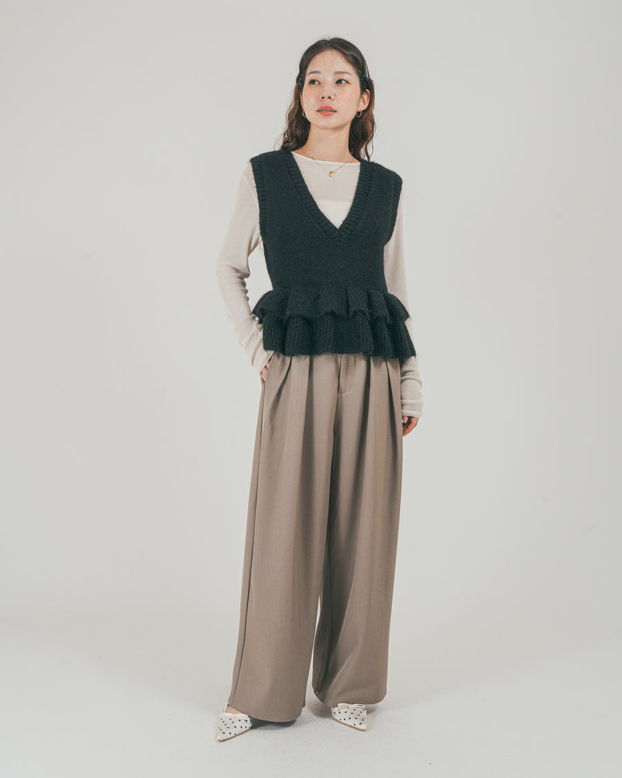 ［SET］2Way モヘアダブルFrillベスト + ダブルタック ハイウエストワイドパンツ（2SET）