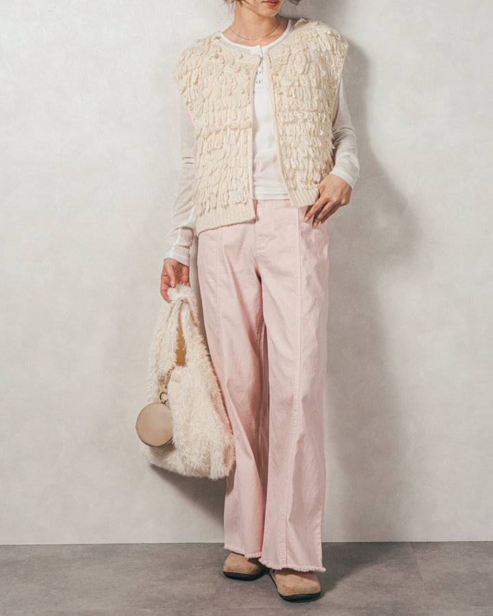 ［SET］ループ編みフリンジニットベスト+Sheerリブヘンリーネックトップス+センターシーム リラックスカラーデニム（3SET）