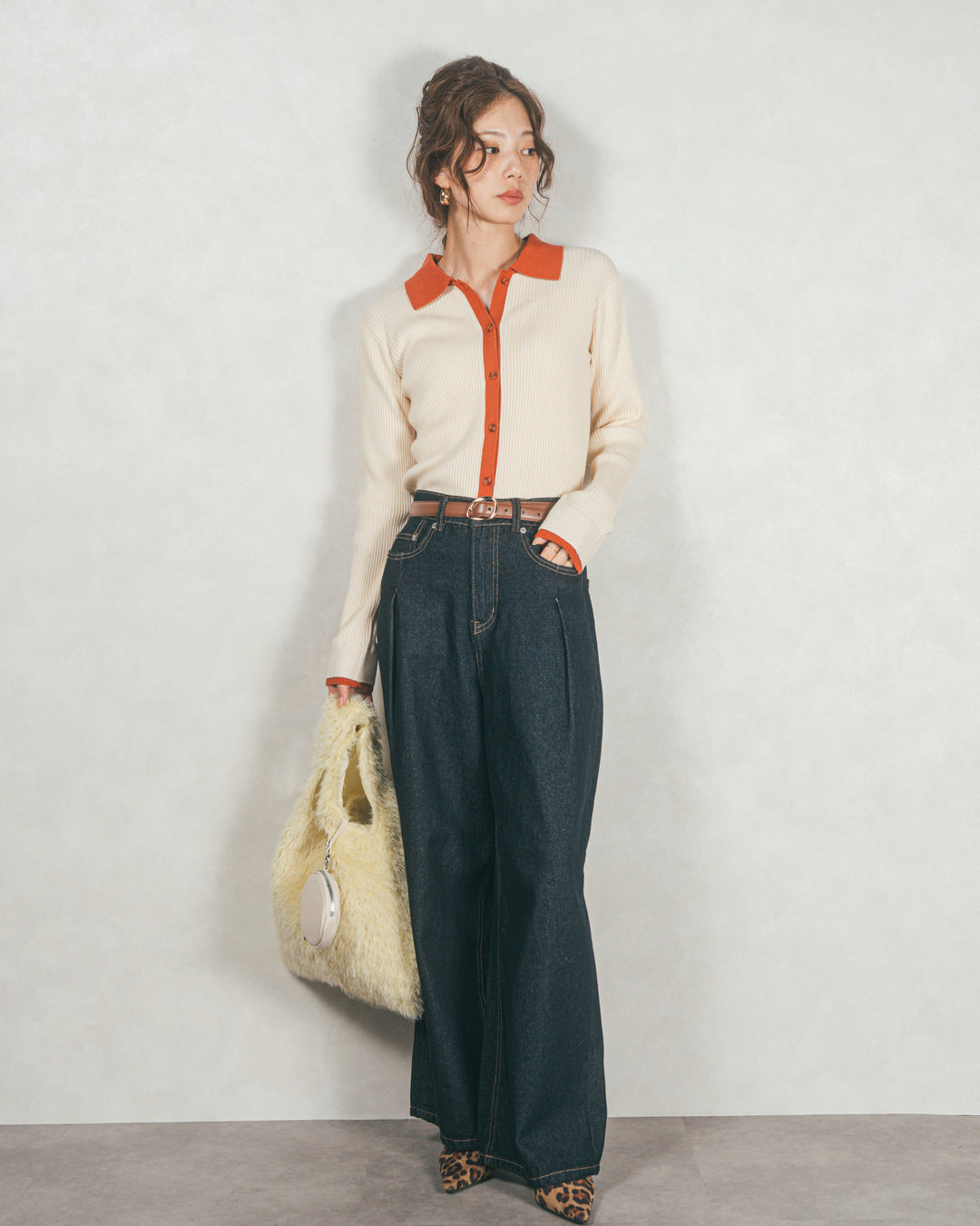［SET］バイカラー襟付きニットトップス+ワイドTuckイージーデニム