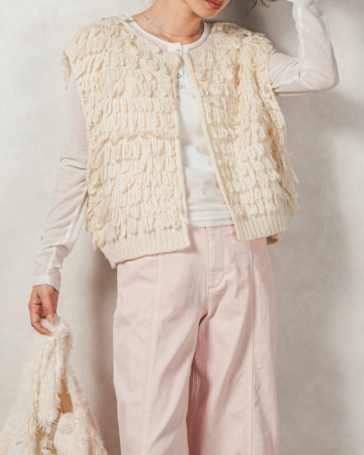 ［SET］ループ編みフリンジニットベスト+Sheerリブヘンリーネックトップス+センターシーム リラックスカラーデニム（3SET）