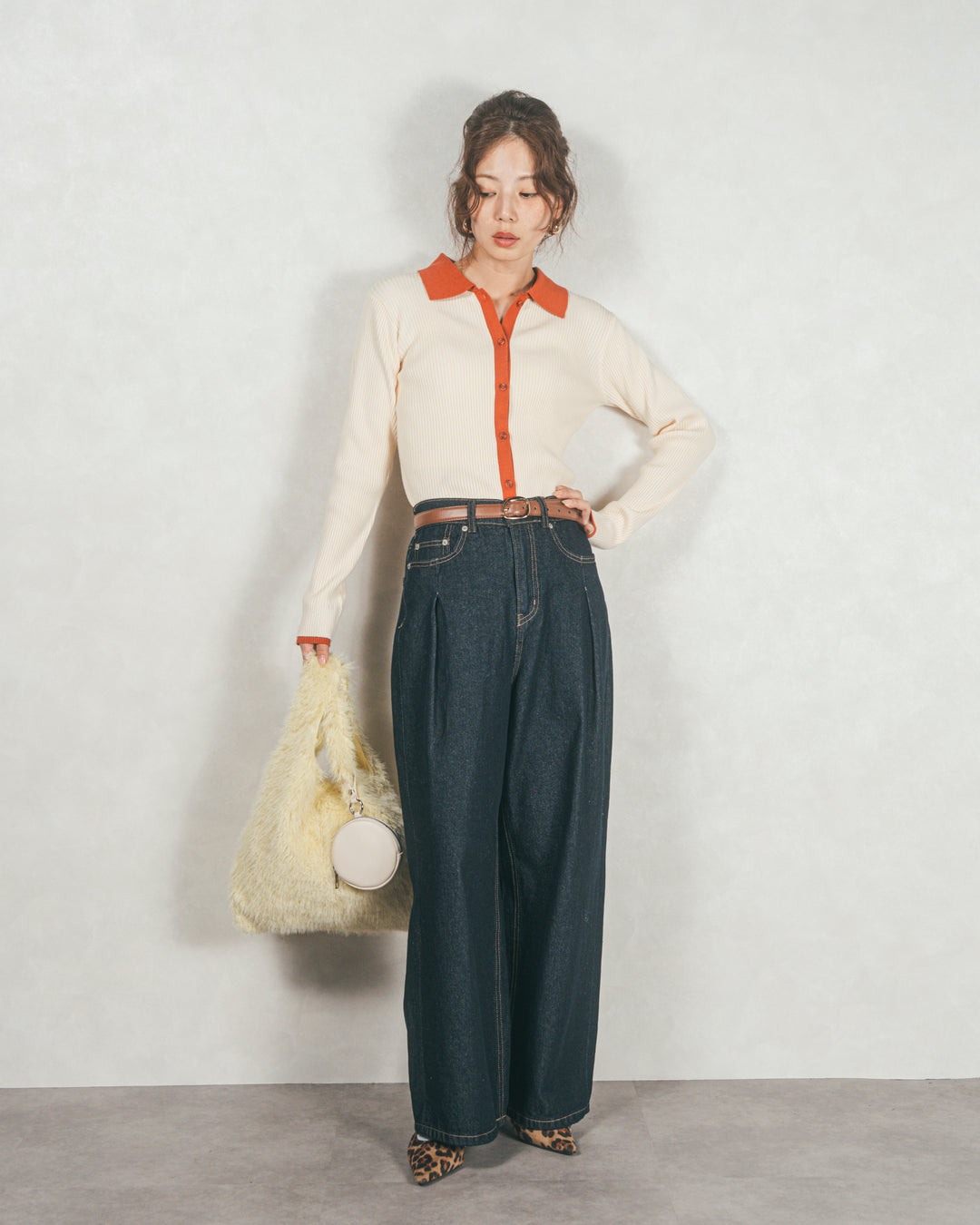 ［SET］バイカラー襟付きニットトップス+Flareティアードロングスカート（2SET）