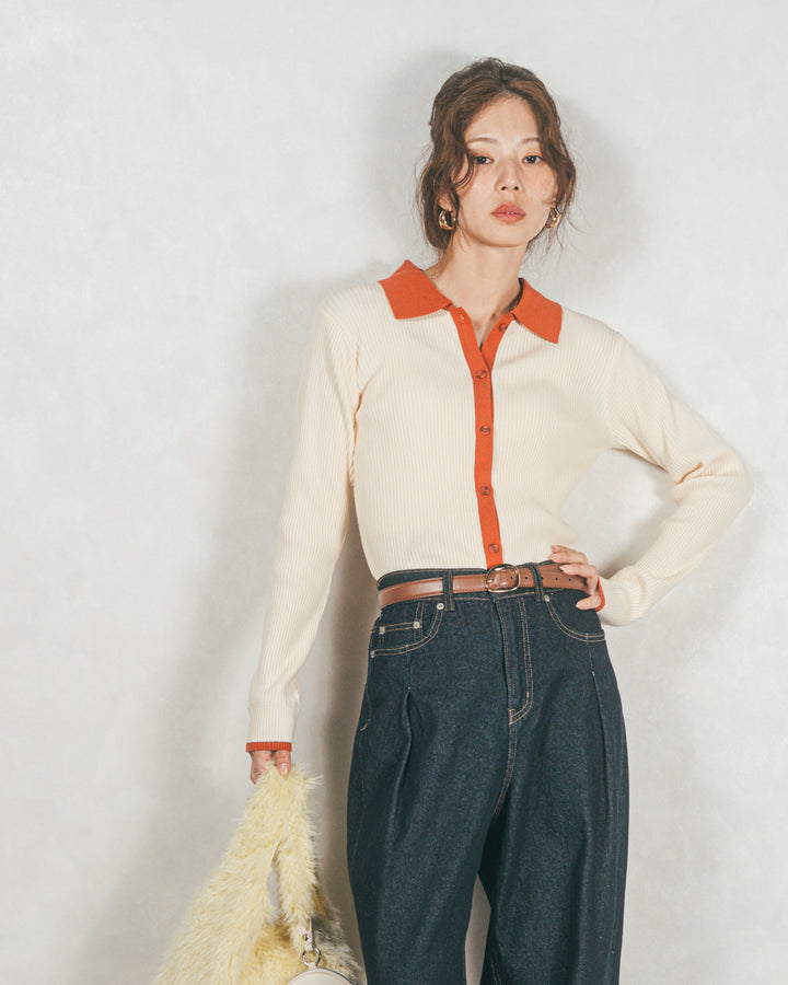 ［SET］バイカラー襟付きニットトップス+ワイドTuckイージーデニム