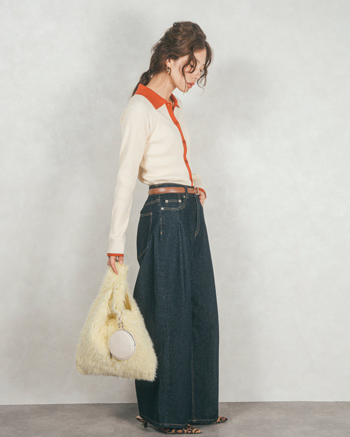 バイカラー襟付きニットトップス (IVORY x ORENGE)