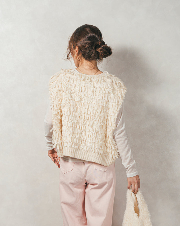 ［SET］ループ編みフリンジニットベスト+Sheerリブヘンリーネックトップス+センターシーム リラックスカラーデニム（3SET）