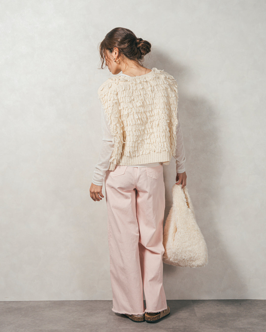 ［SET］ループ編みフリンジニットベスト+Sheerリブヘンリーネックトップス+センターシーム リラックスカラーデニム（3SET）