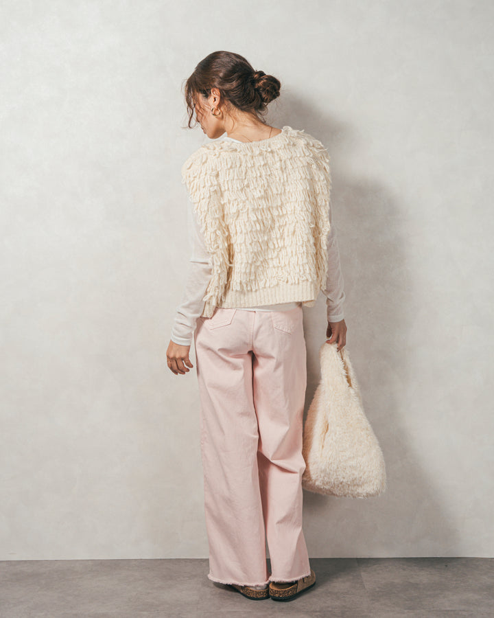 ［SET］ループ編みフリンジニットベスト+Sheerリブヘンリーネックトップス+センターシーム リラックスカラーデニム（3SET）