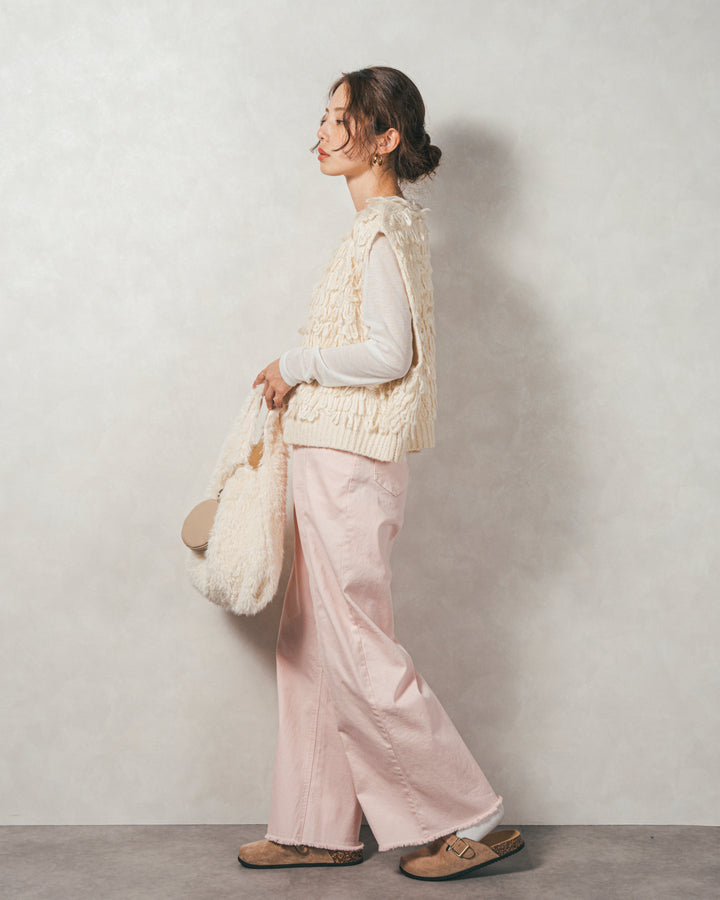 ［SET］ループ編みフリンジニットベスト+Sheerリブヘンリーネックトップス+センターシーム リラックスカラーデニム（3SET）