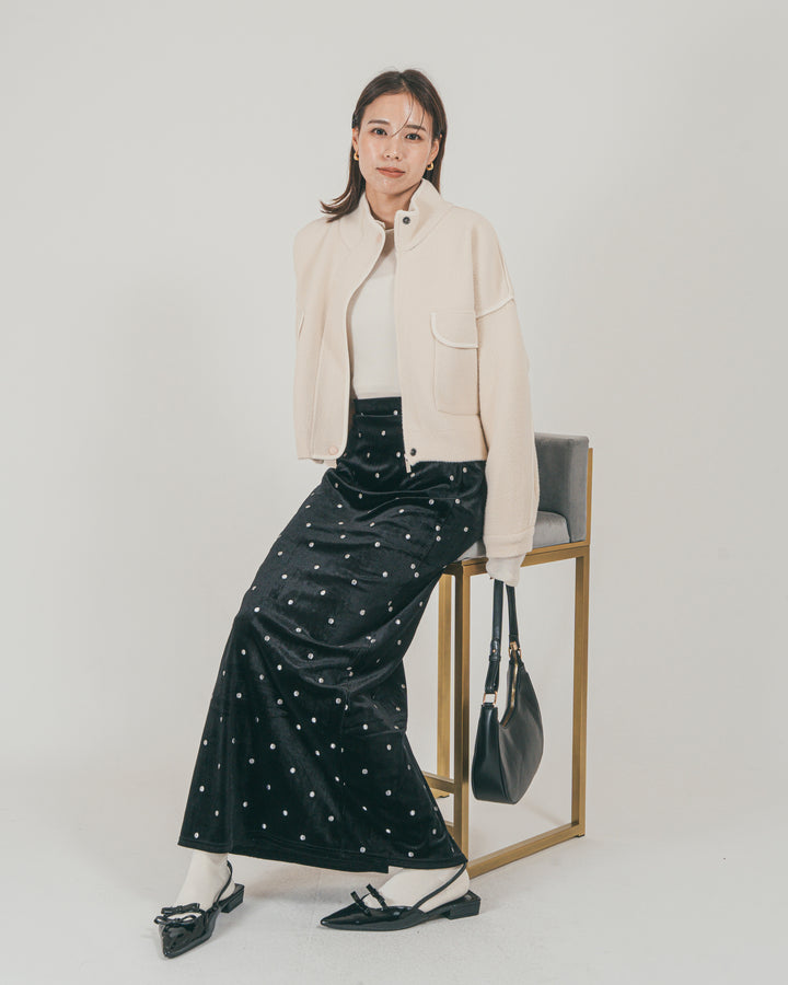 ［SET］Softショートニットブルゾン + Dot ベロアスカート（2SET）