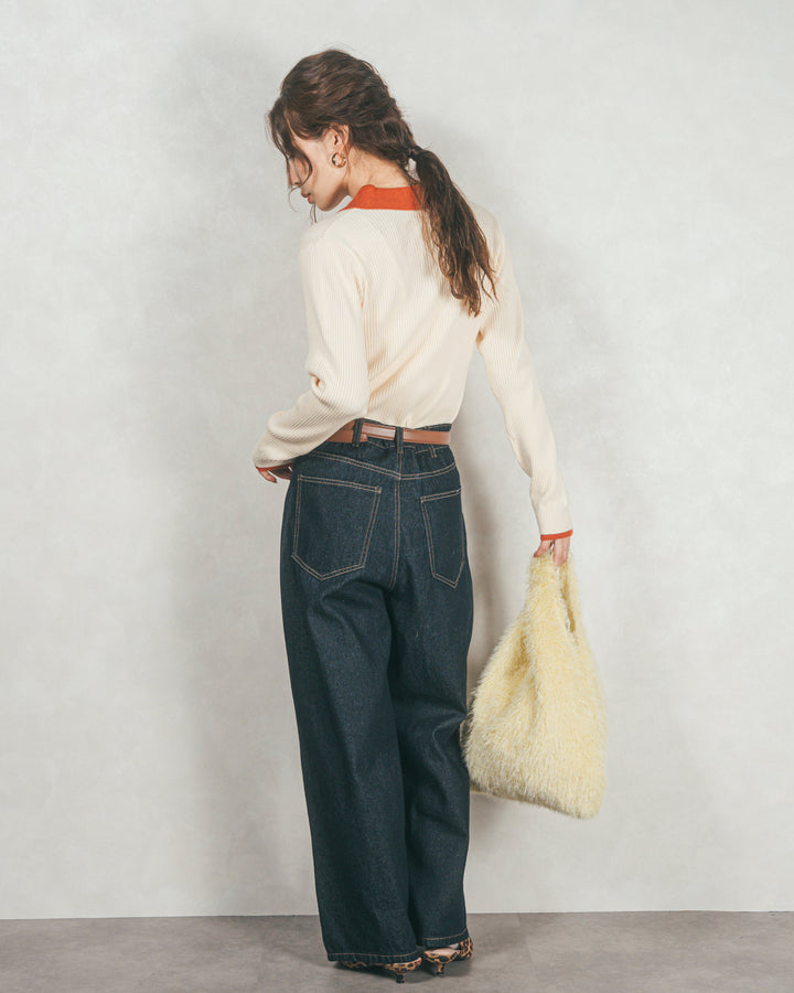 ［SET］バイカラー襟付きニットトップス+ワイドTuckイージーデニム