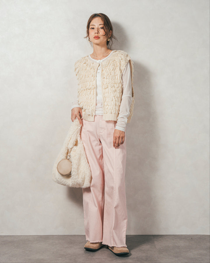 ［SET］ループ編みフリンジニットベスト+Sheerリブヘンリーネックトップス+センターシーム リラックスカラーデニム（3SET）