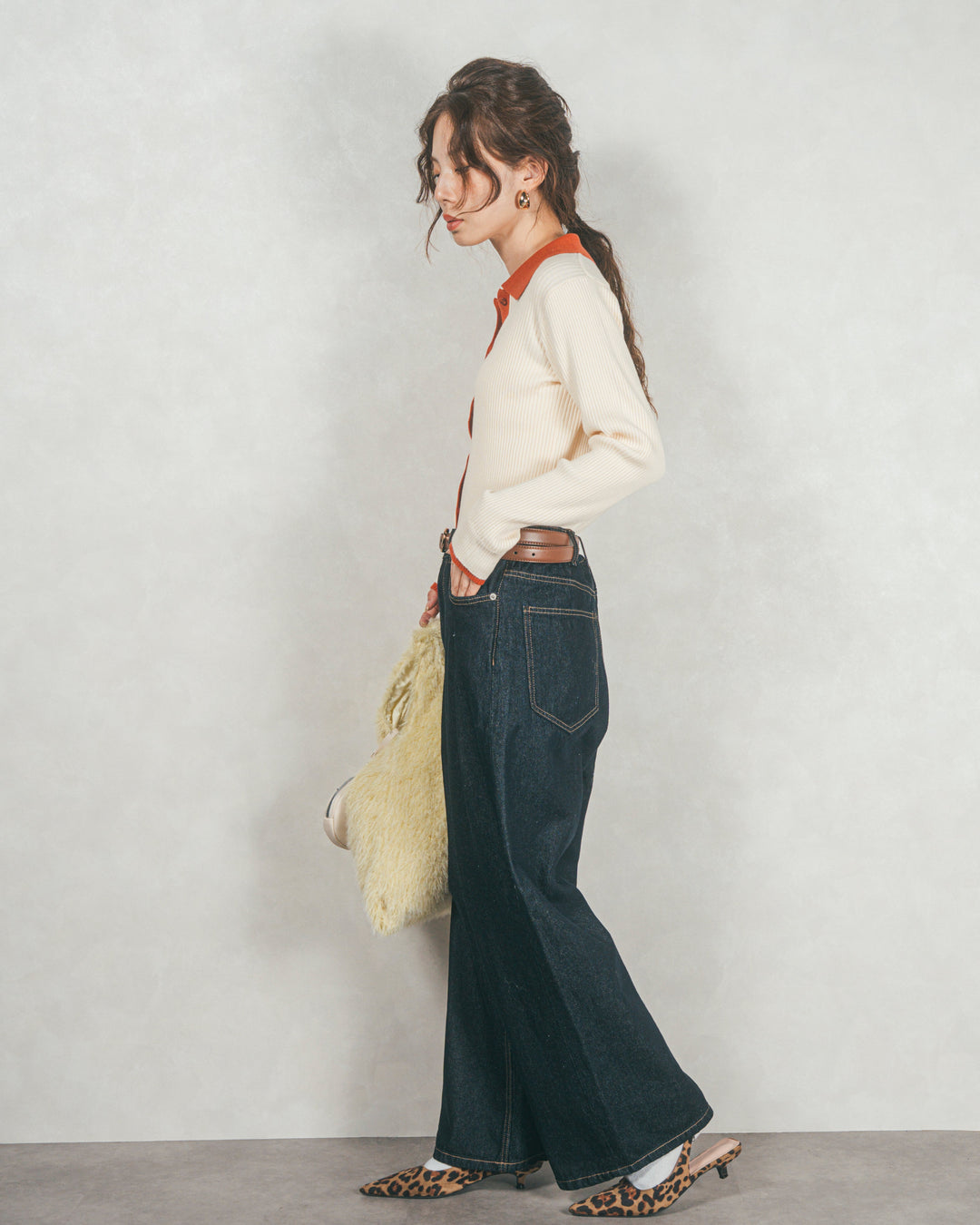 ［SET］バイカラー襟付きニットトップス+ワイドTuckイージーデニム