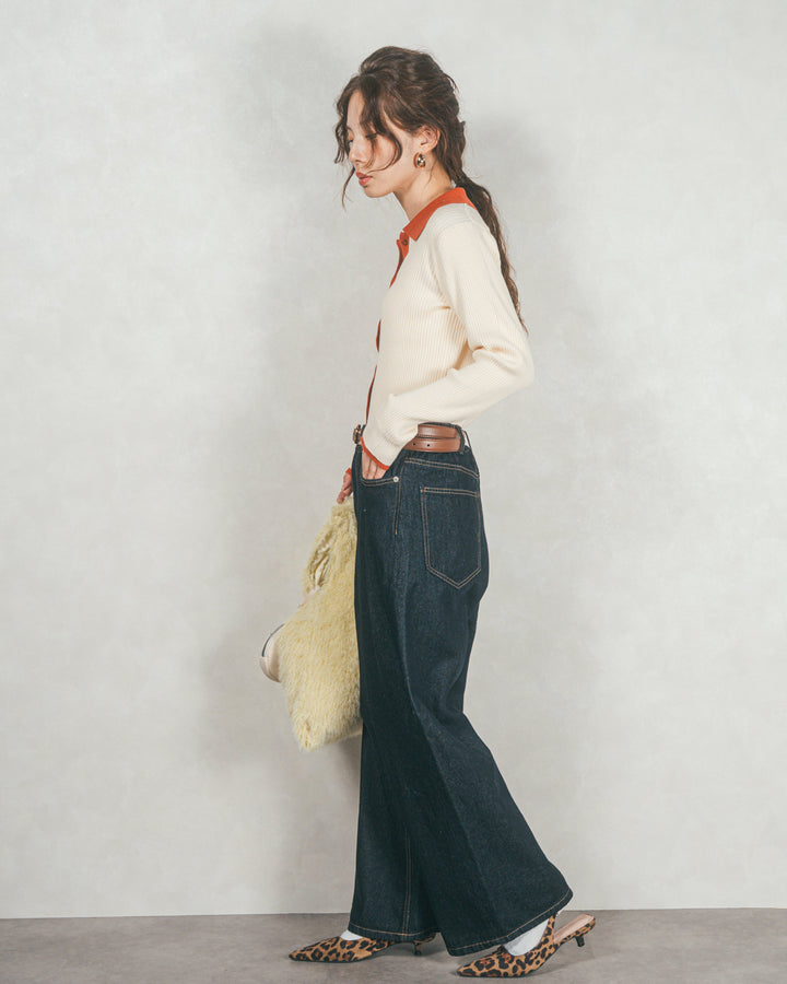 ［SET］バイカラー襟付きニットトップス+ワイドTuckイージーデニム