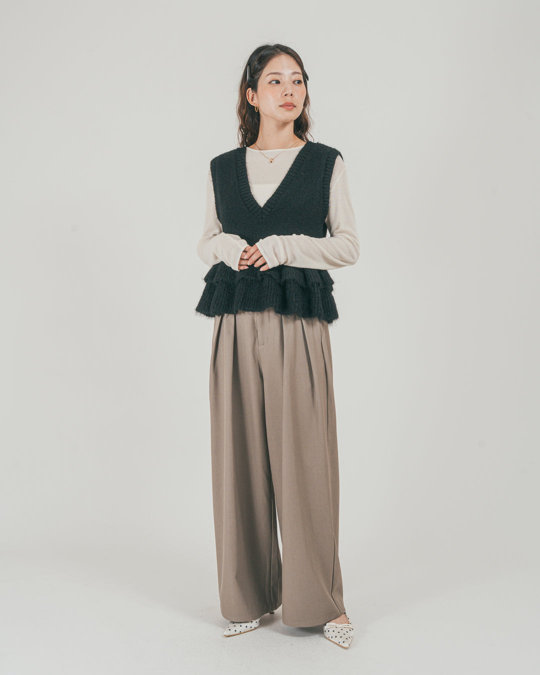 ［SET］2Way モヘアダブルFrillベスト + ダブルタック ハイウエストワイドパンツ（2SET）