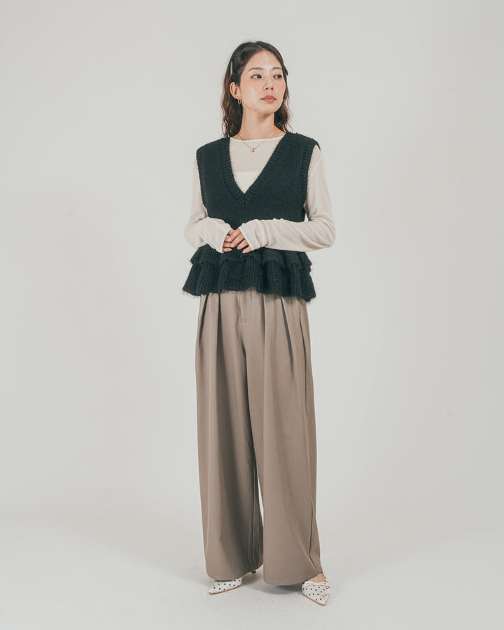 ［SET］2Way モヘアダブルFrillベスト + ダブルタック ハイウエストワイドパンツ（2SET）