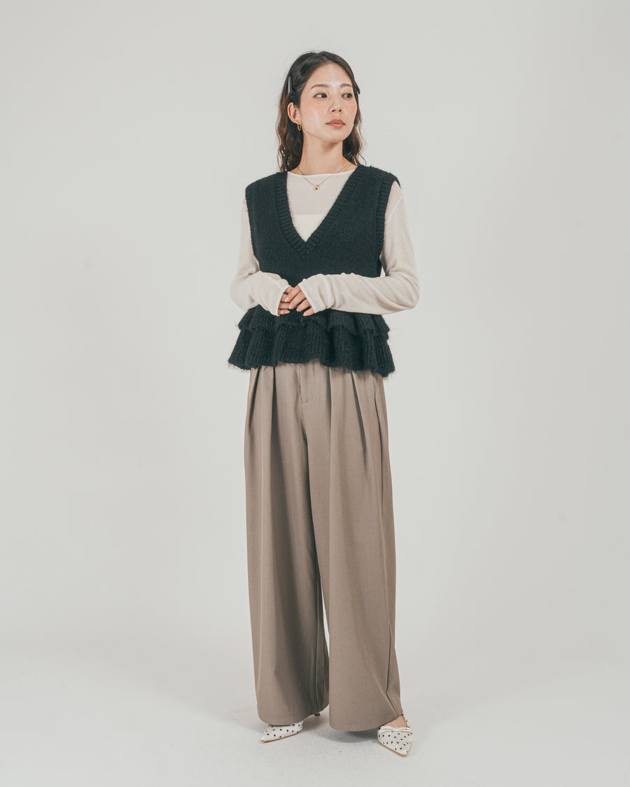 ［SET］2Way モヘアダブルFrillベスト + ダブルタック ハイウエストワイドパンツ（2SET）