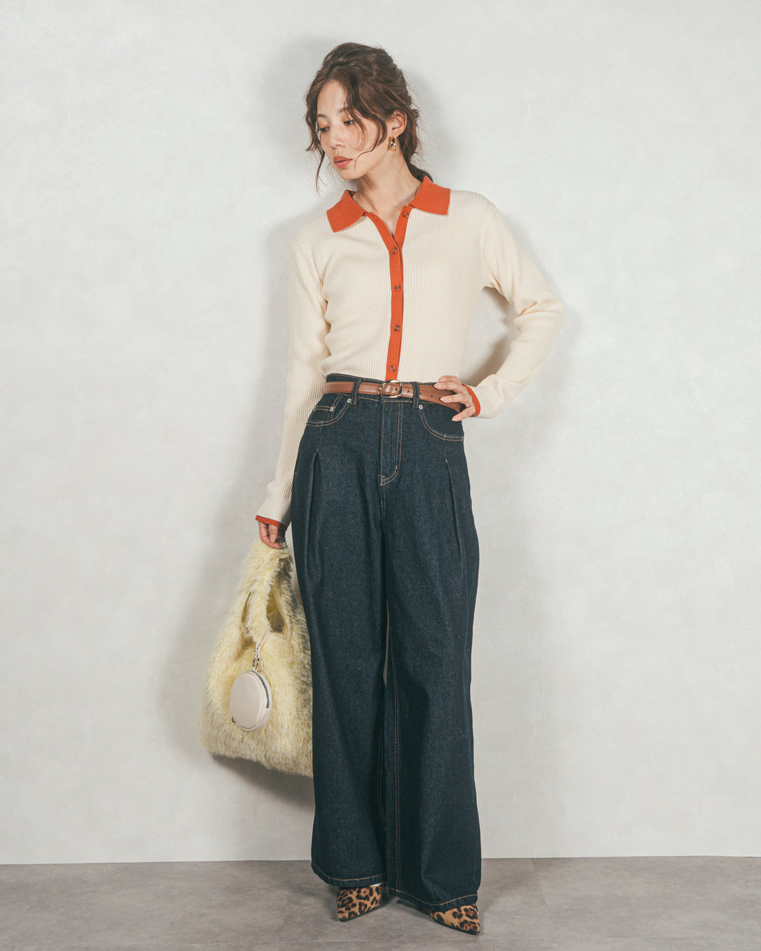 バイカラー襟付きニットトップス (IVORY x ORENGE)