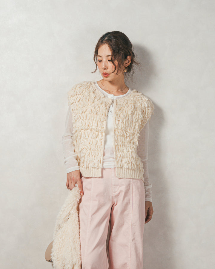 ［SET］ループ編みフリンジニットベスト+Sheerリブヘンリーネックトップス+センターシーム リラックスカラーデニム（3SET）