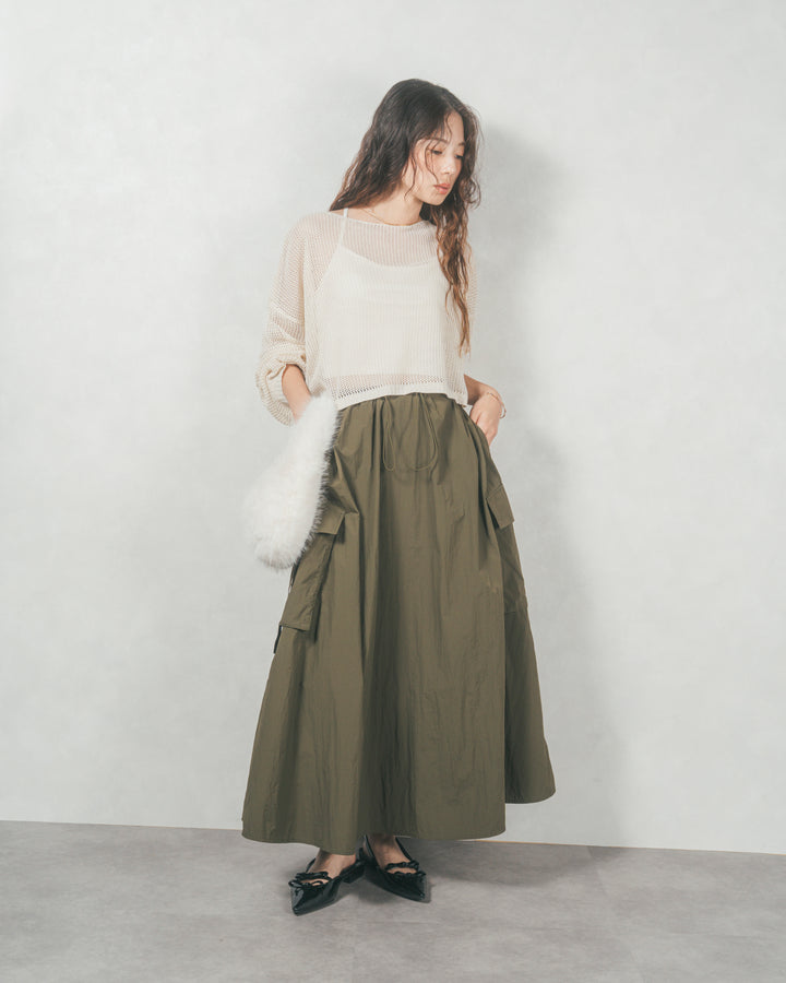 ドローストリングナイロンカーゴスカート (KHAKI)