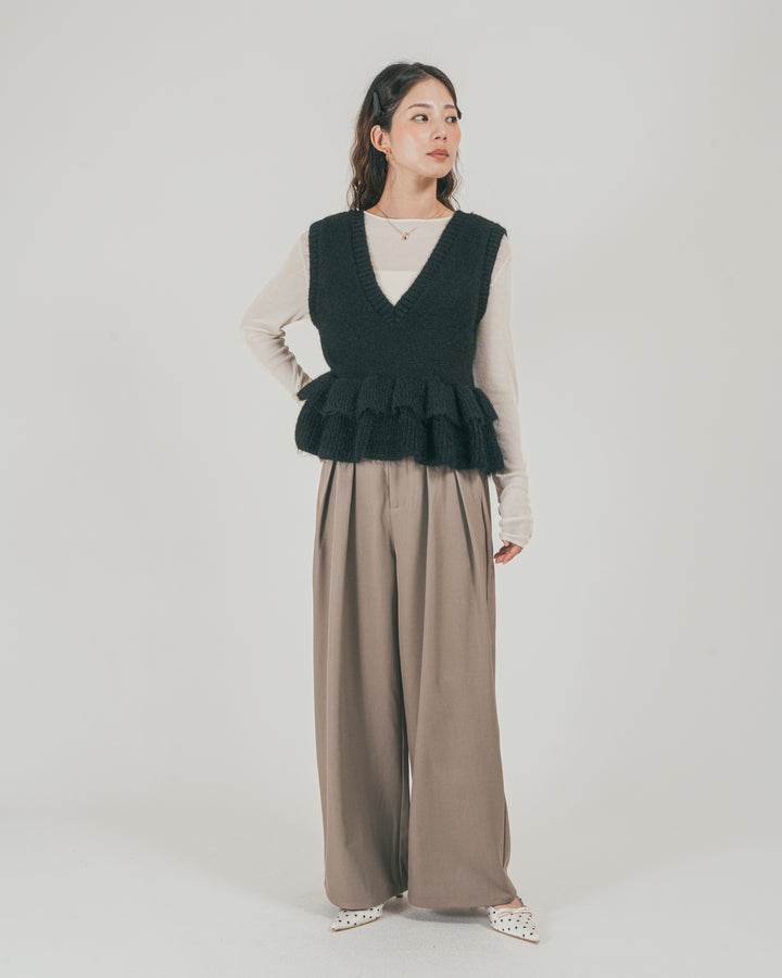 ［SET］2Way モヘアダブルFrillベスト + ダブルタック ハイウエストワイドパンツ（2SET）