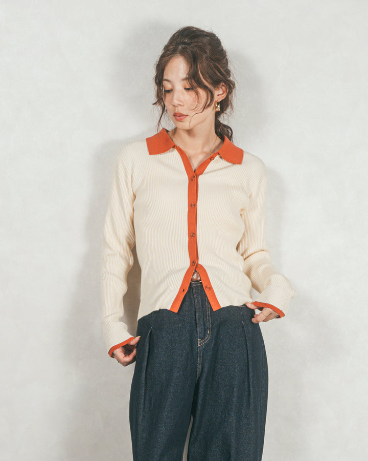 ［SET］バイカラー襟付きニットトップス+ワイドTuckイージーデニム