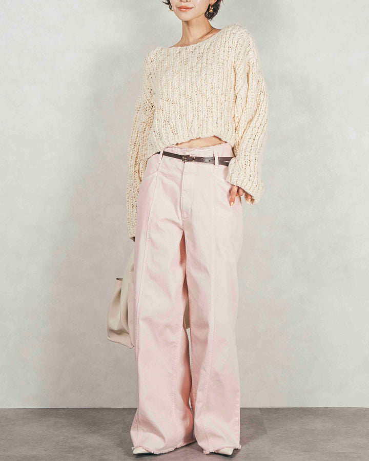 ［SET］ボリュームチャンキースラブ クロップドニット+センターシーム リラックスカラーデニム（2SET）