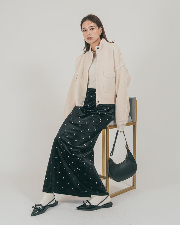［SET］Softショートニットブルゾン + Dot ベロアスカート（2SET）
