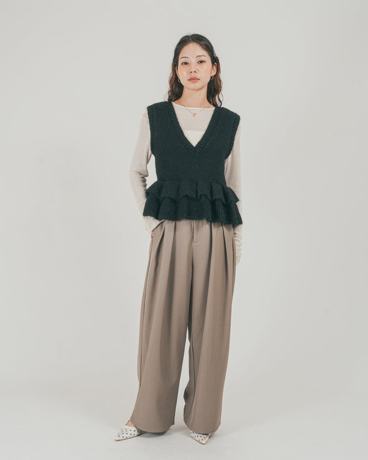 ［SET］2Way モヘアダブルFrillベスト + ダブルタック ハイウエストワイドパンツ（2SET）