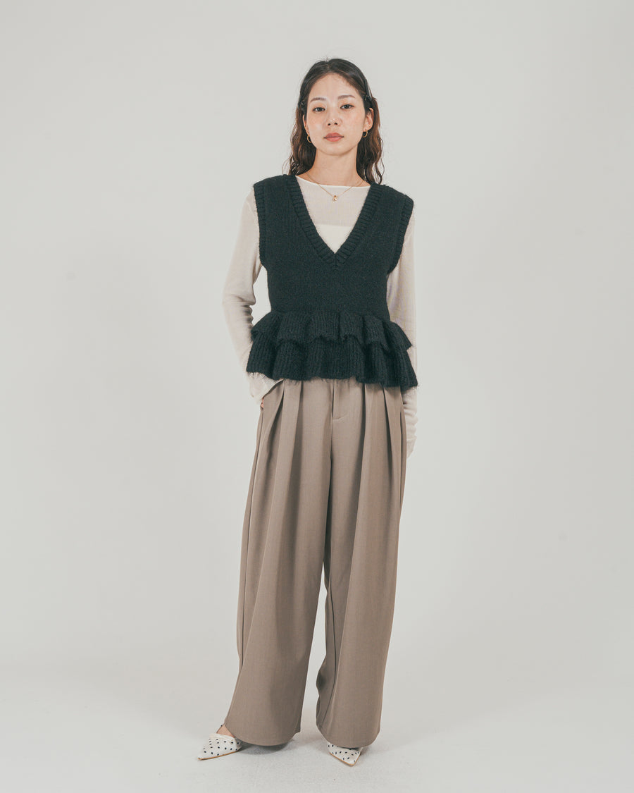 ［SET］2Way モヘアダブルFrillベスト + ダブルタック ハイウエストワイドパンツ（2SET）