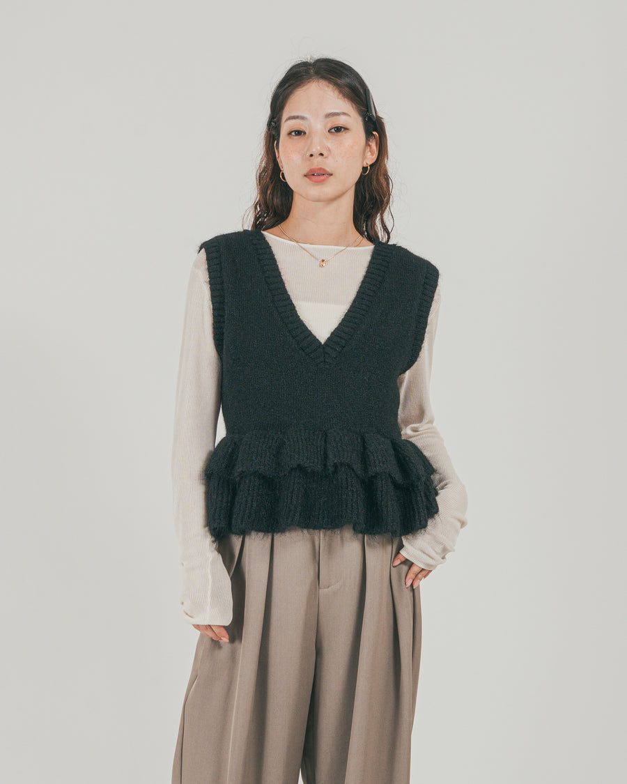 ［SET］2Way モヘアダブルFrillベスト + ダブルタック ハイウエストワイドパンツ（2SET）