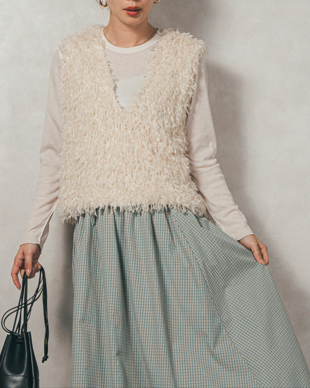 ［SET］2-Way フリンジベスト+チェックギャザーマキシスカート（2SET）